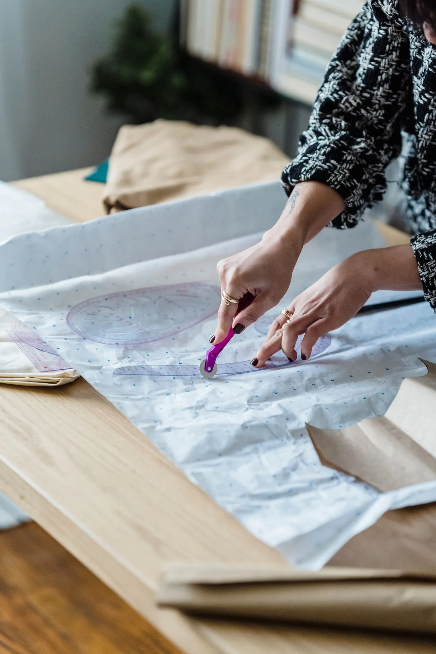 Fabric being cut on the production floor