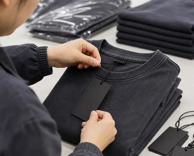 Attaching a private label tag to a folded garment